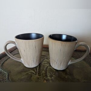 2 Zgallerie Mugs Cups Coffee Tea Boho Rustic Tan Black Ceramic Mugs Bamboo